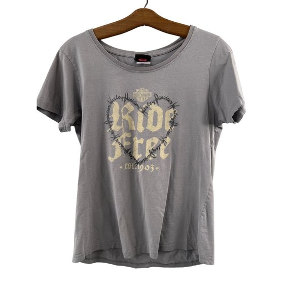 Harley Davidson Ride Free Short Sleeve T-Shirt Womens L Gray Printed Cotton - Picture 1 of 10